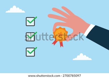 Vector illustration of a hand holding a quality badge beside completed checkboxes, symbolizing quality assurance, certification, standard compliance, verified process, and successful task completion
