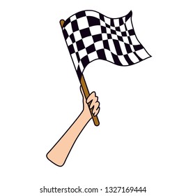 Vector illustration of hand holding racing black and white squared flag isolated on white background.
