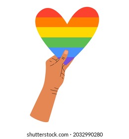 Vektorgrafik einer Hand, die ein Regenbogenherz hält, ein Symbol der LGBT-Gemeinschaft. Das Konzept der Feier des Internationalen Tages gegen Homophobie. Ein Symbol der Toleranz und Solidarität.