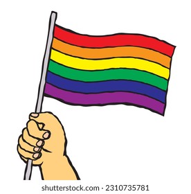 Vector illustration of a hand holding a rainbow flag