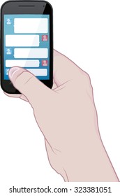 Vector illustration of hand holding realistically drawn smart phone.