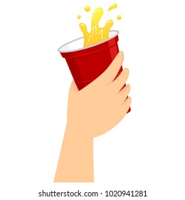 Vector Illustration Of Hand Holding A Red Cup Of Beer