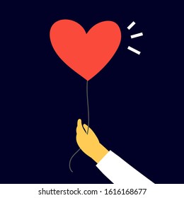 Vector illustration of hand holding red shape heart air ballon on dark background. Flat style design for Valentine's Day greeting card, web, site, world heart day poster, banner