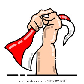 vector illustration of a hand holding the red and white Indonesian flag, Youth Pledge October 28th.  Indonesian independence August 17.  Indonesia's big day.