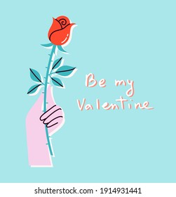 Vector illustration of a hand holding a red rose.  Concept of a romantic proposal for Valentine's Day. Postcard, Poster or banner design in colorful flat style. Elements are isolated.