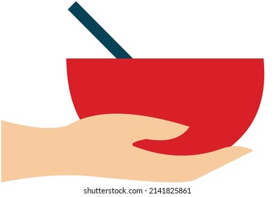 Vector illustration of a hand holding a red bowl