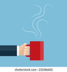 Vector illustration of the hand holding a red cup of tea or coffee. Coffee break. Flat design