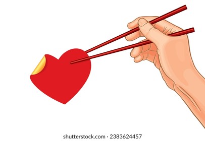 Vector illustration of hand holding red chopsticks to pick up red heart shaped stickers,valentine's day,isolated on white.Irony of the world of love,Comparing eating,Practicing using chopsticks.