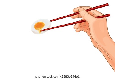 Vector illustration of hand holding red chopsticks to pick up boiled soft-boiled eggs,half boiled egg,isolated on white.Traditional Asian eating,Popular food,Eaten every day,Good for health.