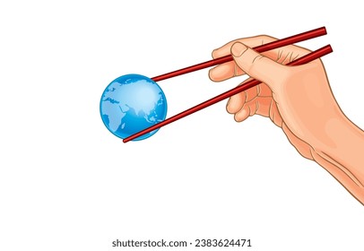 Vector illustration of hand holding red chopsticks to pick up small blue world globe,earth globe,blue asteroid,small planet,isolated on white.Irony of loving world,Eat whole world,World of food.