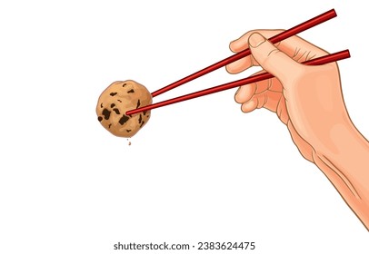 Vector illustration of hand holding red chopsticks to pick up delicious chocolate chip cookies,tiny cookie crumbs fell,isolated on white.Sweet,Delicious desserts,Everyone can eat on happy festival.