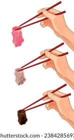 Vector illustration of hand holding red chopsticks to pick up raw pork,cooked pork,overcooked ruined black,roasted,burnt beef meat,isolated on white.ASEAN kitchenware.Cooked meat safest for health.