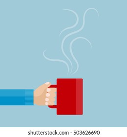 Vector Illustration Of The Hand Holding A Red Cup Of Coffee. Coffee Break. Flat Design