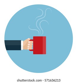 Vector illustration of the hand holding a red cup of tea or coffee on blue background. Coffee break. Flat design