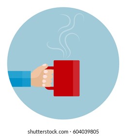 Vector illustration of the hand holding a red cup of coffee. Coffee break. Flat design