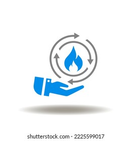 Vector illustration of hand holding round arrows and fire flame. Icon of metabolism. Sign of metabolic chemical process. Symbol of energy burning.