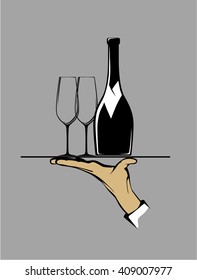 Vector illustration hand holding salver tray waiter steward wine glass champagne for restaurant cafe bar menu