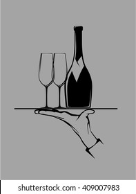 Vector illustration hand holding salver tray waiter steward wine glass champagne for restaurant cafe bar menu horeca