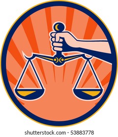 vector  illustration of a Hand holding scales of justice set inside an oval with sunburst in the background.
