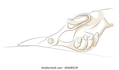 Vector illustration of a hand holding scissors cutting fabric