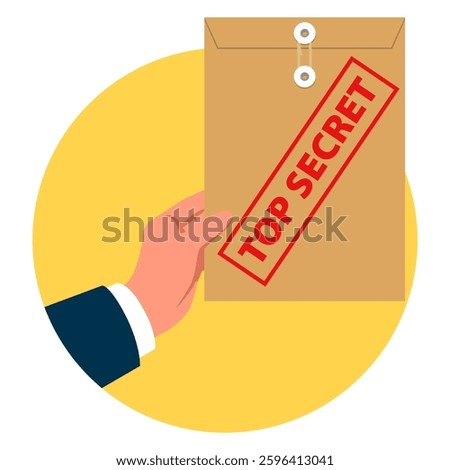 Vector illustration of a hand holding a sealed TOP SECRET envelope, symbolizing confidentiality, classified information, and restricted access
