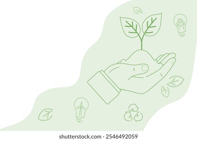 Ilustración vectorial de una mano sosteniendo una plántula con tierra, diseño de Anuncio temático de ecología. Simbolizando el cuidado del medio ambiente y la sostenibilidad, promoviendo prácticas verdes y la conservación de la naturaleza. 