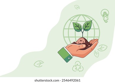 Ilustración vectorial de una mano sosteniendo una plántula con tierra, diseño de Anuncio temático de ecología. Simbolizando el cuidado del medio ambiente y la sostenibilidad, promoviendo prácticas verdes y la conservación de la naturaleza. 