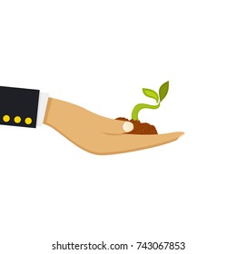 Vector illustration of hand holding seedling on white background