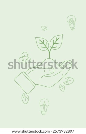 Vector illustration of a hand holding a seedling with soil, ecology themed banner design. Symbolizing environmental care and sustainability, promoting green practices and nature conservation. 