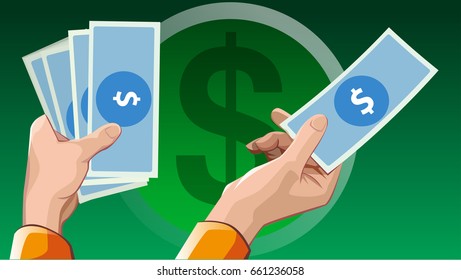 Vector illustration, hand holding several dollar bills.
