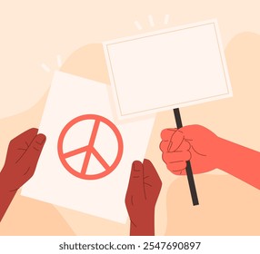 Vektorgrafik einer Hand, die ein Blatt Papier mit einem Friedenszeichen darauf hält, und daneben eine Hand, die ein Poster auf einem Stock hält. Demonstration zur Unterstützung des Friedens. Illustration zum Tag der Menschenrechte