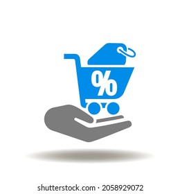 Ilustración vectorial del carro de la compra con mano y etiqueta de descuento con signo de porcentaje. Icono de la oferta de mega venta. Símbolo de descuento minorista. Icono de la compra.