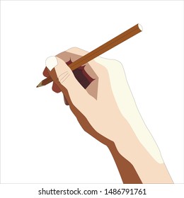Vector illustration of the hand holding a simple pencil and starting to draw on the white background. You can use it for your design
