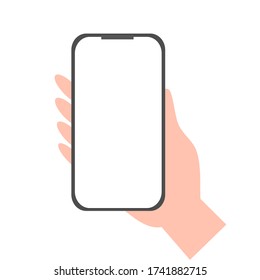 Vector illustration hand holding smart phone touchscreen isolated on white background.