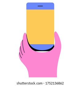 Vektorgrafik der Hand, die Smartphone hält. Vivide farbige flache Illustration. 