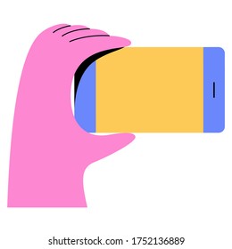 Vector illustration of hand holding smart phone. Vivid color flat style illustration. 