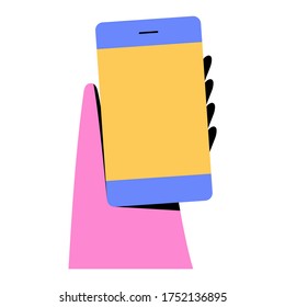 Vector illustration of hand holding smart phone. Vivid color flat style illustration. 