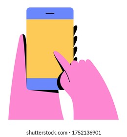 Ilustración vectorial de la mano sosteniendo el teléfono inteligente. Ilustración de estilo plano de color intenso. 