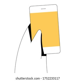 Ilustración vectorial de la mano sosteniendo el teléfono inteligente. Ilustración mínima de estilo lineal plano. 