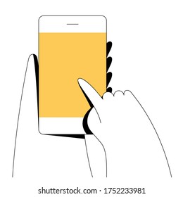 Ilustración vectorial de la mano sosteniendo el teléfono inteligente. Ilustración mínima de estilo lineal plano. 