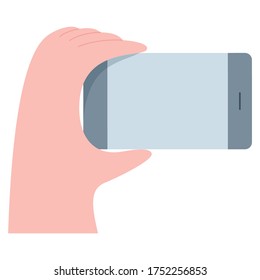 Vector illustration of hand holding smart phone. Minimal flat style vector illustration. 