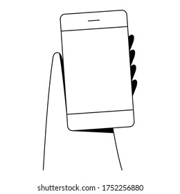 Ilustración vectorial de la mano sosteniendo el teléfono inteligente. Ilustración vectorial de estilo lineal mínimo. 