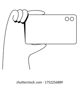 Vector illustration of hand holding smart phone. Minimal linear style vector illustration. 