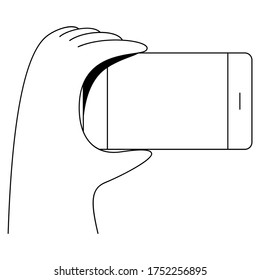 Vector illustration of hand holding smart phone. Minimal linear style vector illustration. 
