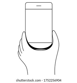 Vector illustration of hand holding smart phone. Minimal linear style vector illustration. 