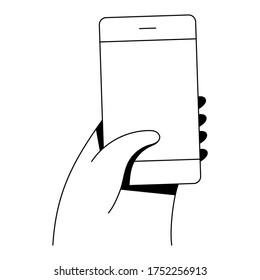 Vector illustration of hand holding smart phone. Minimal linear style vector illustration. 