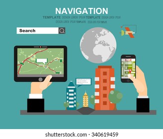 Vector illustration of hand holding smart phone or tablet with mobile navigation. Flat design modern vector illustration