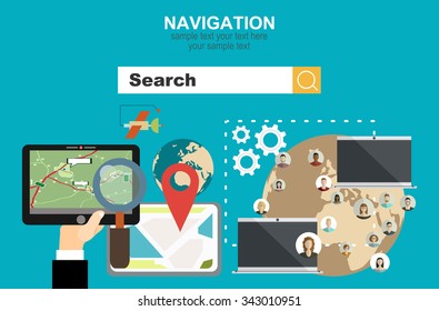 Vector illustration of hand holding smart phone or tablet with mobile navigation. Flat design modern vector illustration