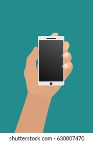 a vector illustration; a hand holding smart phone. Flat design.