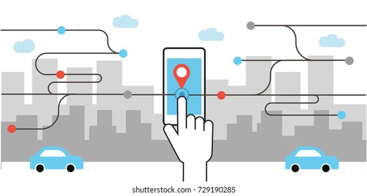 Vector Illustration Hand Holding Smart Phone With Ride Share App